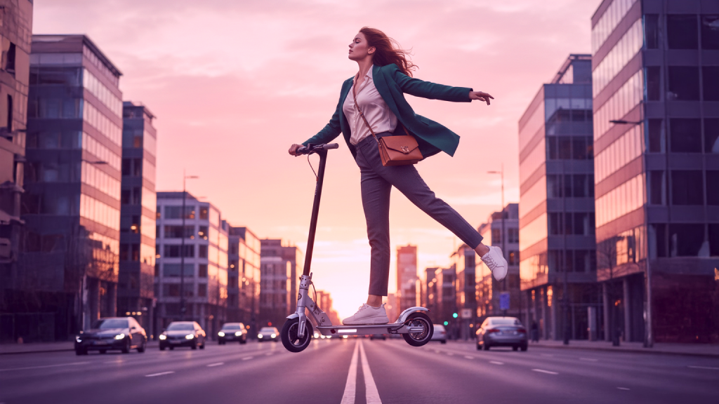 A person standing confidently between city buildings at sunset.