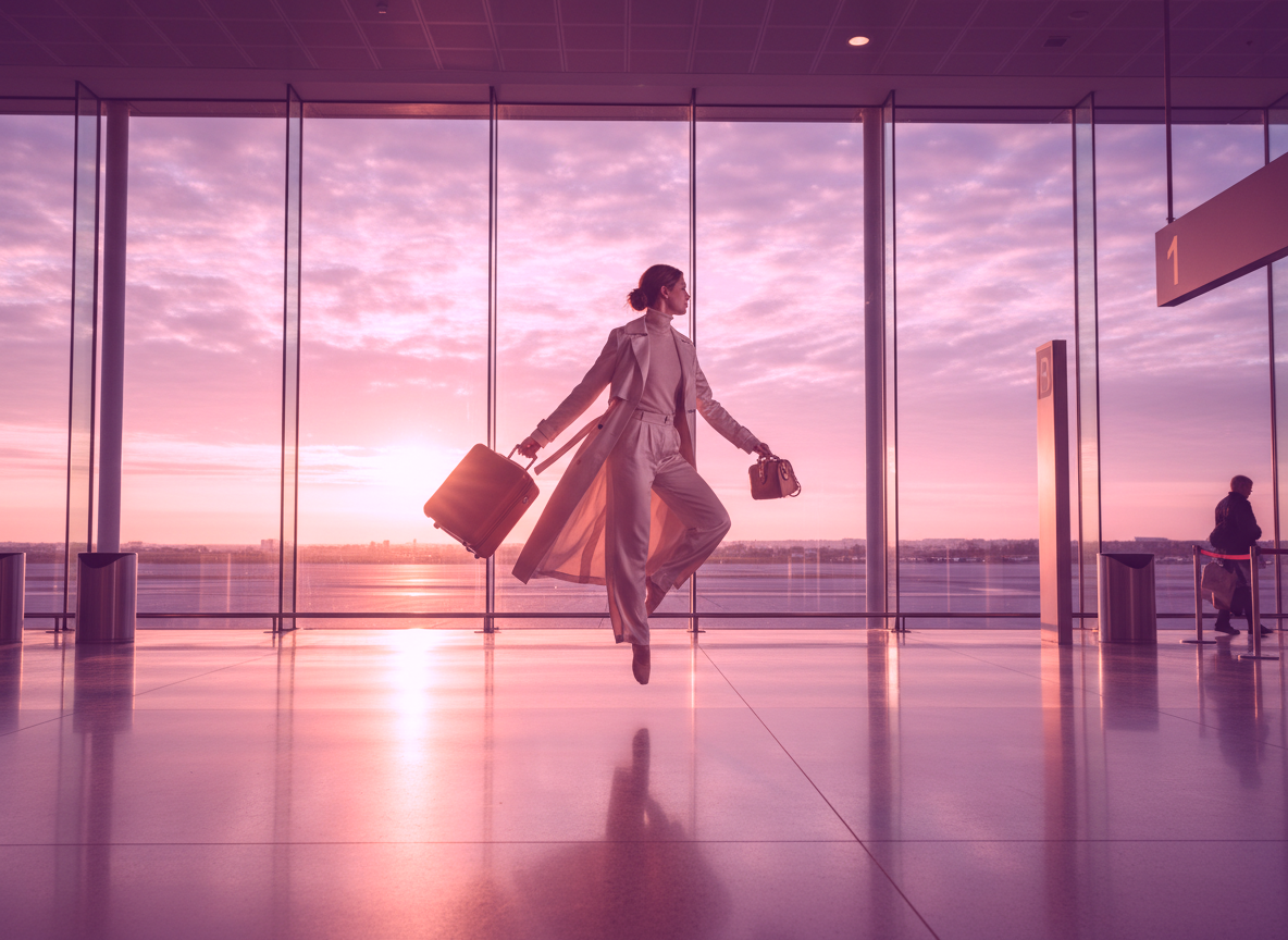 A traveller walking through a bright airport terminal at sunrise.